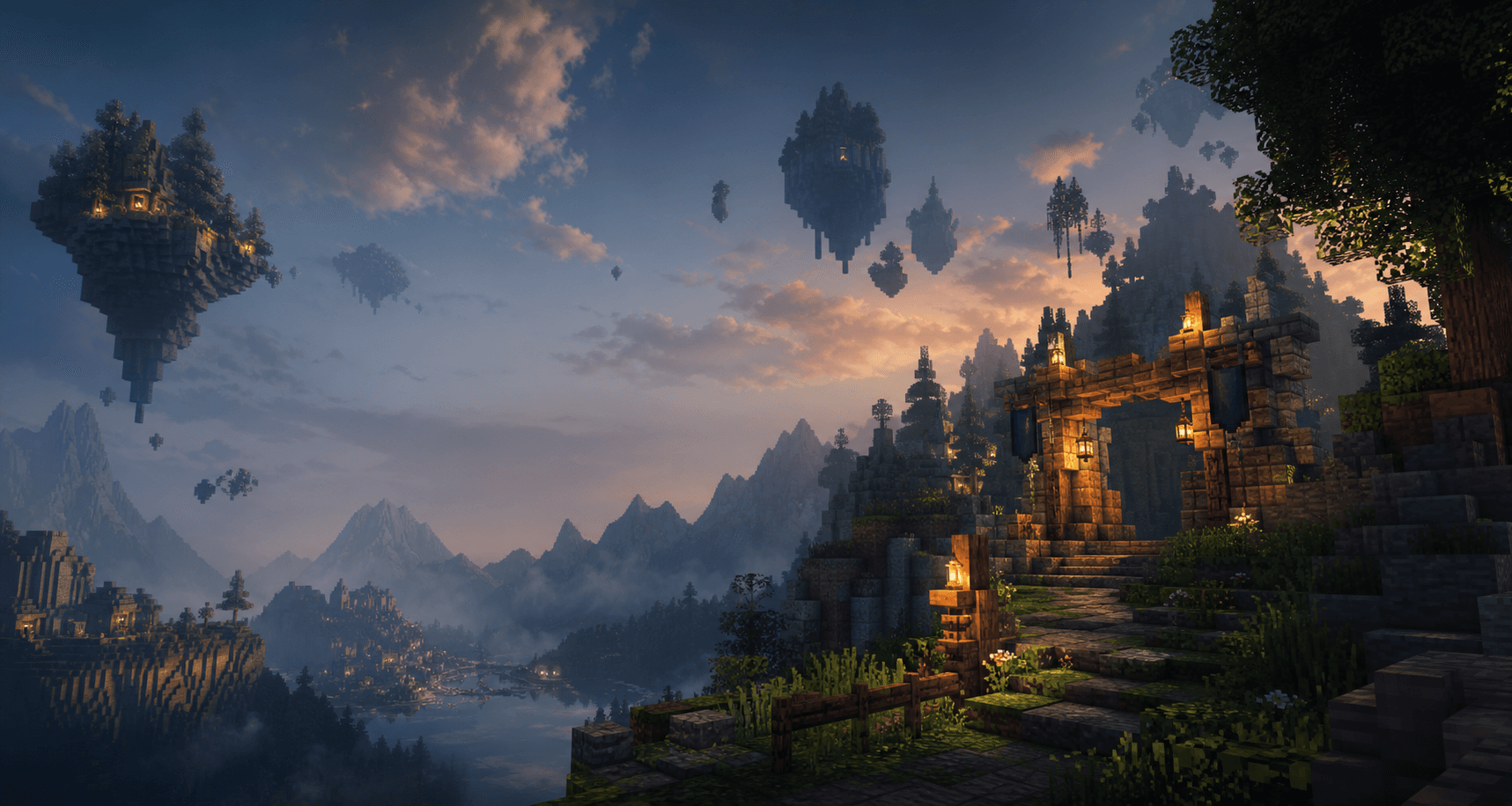 A voxel-inspired fantasy frontier with floating islands, lanterns, mountains, and forest paths